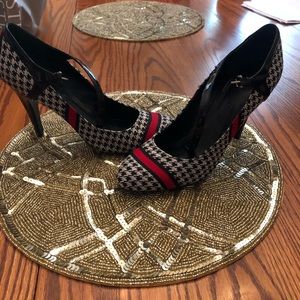 White and black checkered with red stripe heels